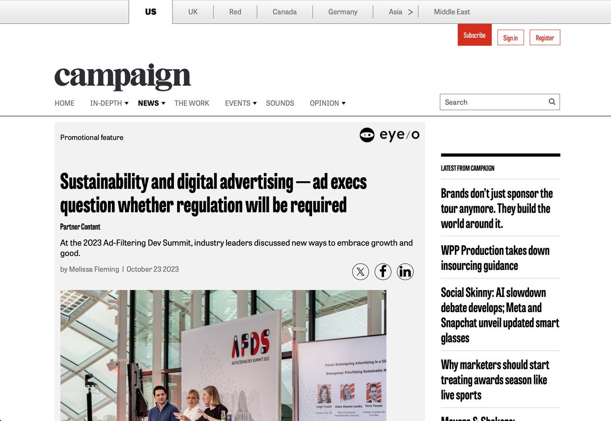 Screenshot of the Campaign US article on the 2023 Ad-Filtering Dev Summit sustainability panel